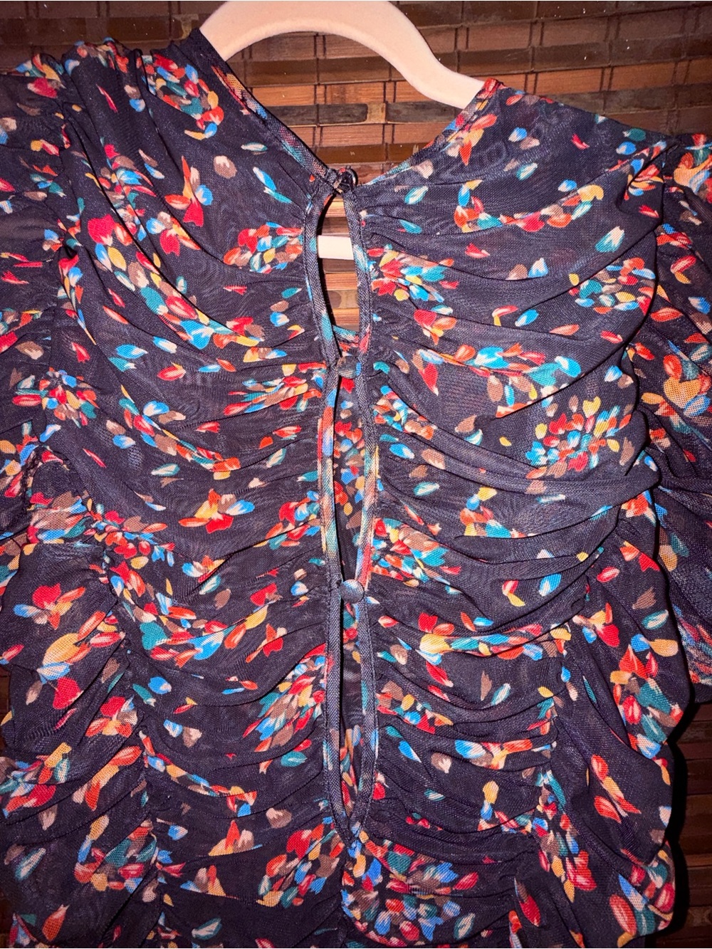 Free People Briella Ruched Mesh Midi Dress -"Twilight Combo" print, euc, sz M - Picture 10 of 16